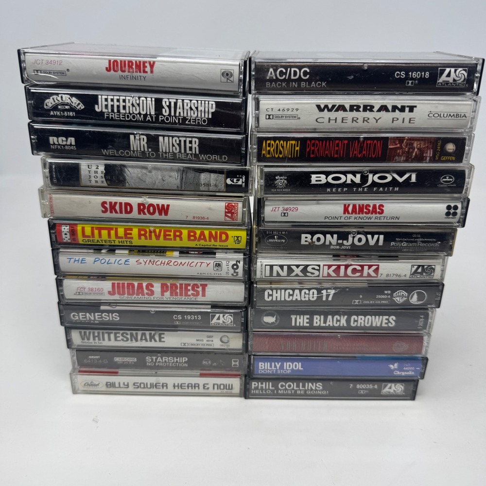 24 Classic Rock 80s Pop Cassette Tape Lot AC/DC Aerosmith Bon Jovi U2 Warrant